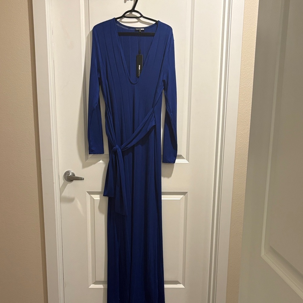 Fashion Nova Cobalt Blue Long Sleeve Wrap Maxi Dress
